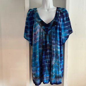 Tie-Dye Spirit Top, Handcrafted "V" Neck Short Sleeve Tunic, Purple, Blue, M/L